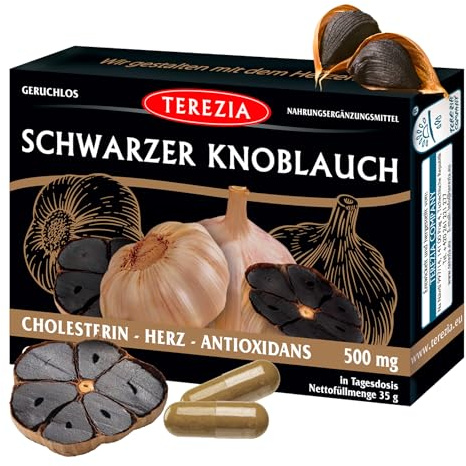 TEREZIA Schwarzer Knoblauch Hochdosiert Kapseln - Geruchlos, leicht schluckbar - Immunsystem Unterstützung - Black Garlic Extrakt 500 mg, Immunabwehr, Energie, Antioxidantien, 60 Kapseln/Tage