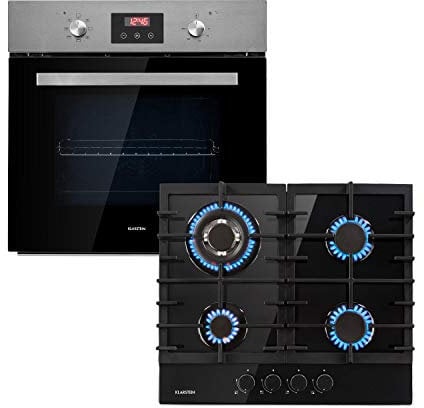 Klarstein Kalahari Ignito Einbau-Ofen-Set - Einbaubackofen + Einbaukochfeld, Gas & Elektro, 4-Zonen-Gaskochfeld Glaskeramik, Backofen: 68 Liter/EEC A / 50-250 °C, schwarz, Edelstahl