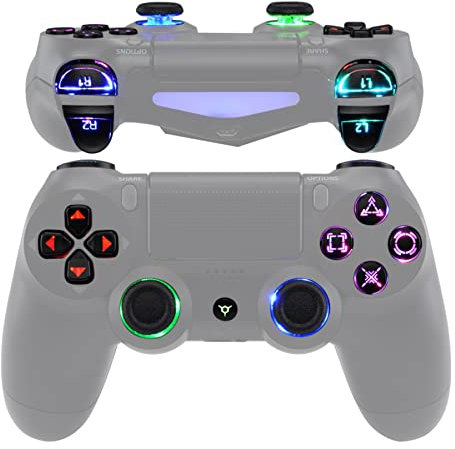 eXtremeRate Tasten Knöpfe für P S 4 Controller D-Pad L1 R1 R2 L2 Buttons Trigger Thumbsticks DTFS LED Kit CUH-ZCT2 für P S 4 Controller-Symbols Leuchttaste 10 Farben Modi 7 Bereiche(DTF 2.0)