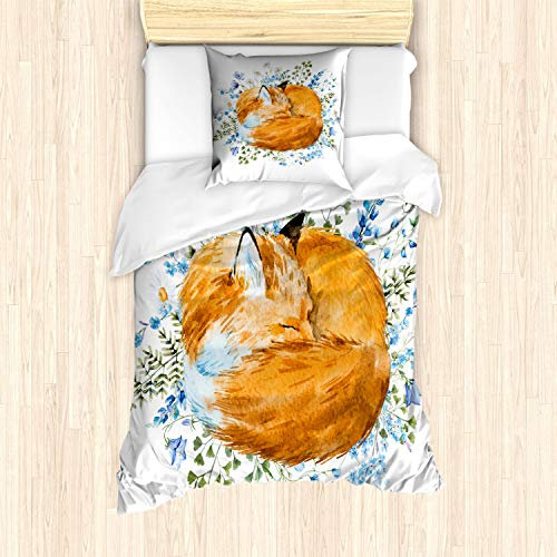 ABAKUHAUS Fuchs Bettbezug Set, Sleeping Fox Aquarellen, Milbensicher Allergiker geeignet mit Kissenbezügen, 135 cm x 200 cm - 80 x 80 cm, Orange Blue Olivgrün