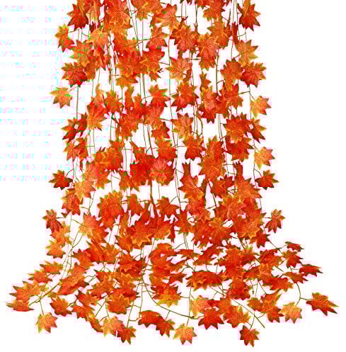 CQURE 12 Pack Autumn Leaf Garland, Hanging Maple Vines, Artificial Fall Leaves for Thanksgiving Decor, Home, Wedding, Fireplace, Party