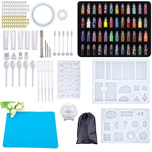 Expositharz Set Silikonform mit Silikonmatten + 48 Glitter Paillette - 270 Stk Kit Resin Harz Gießen Silikonformen Gießharz Schmuckherstellung, Ketten Ohrringe Anhänger Gießform DIY Messbecher & Stick