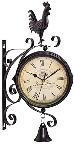 MagiDeal Wanduhr Vintage ohne Tickgeräusche, Gartenuhr Wetterfest, Retro Bahnhofsuhr, Outdoor Zwei Gesichter Antike Uhr, Batterie-Betrieb- Römische Zahlen