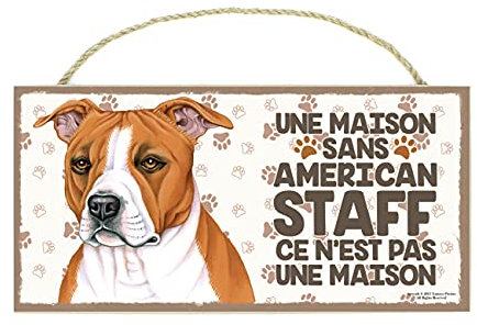 AMERICAN STAFF (02) Affiche Decoration Murale. Panneau Bois. Inscription avec votre animal préféré, Panneau Decoratif pour votre maison. Pancarte Bois avec un chien.