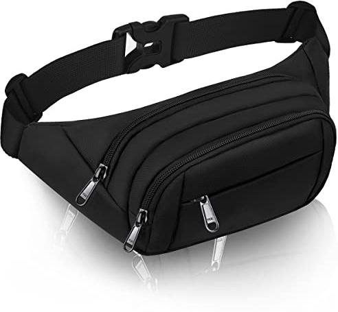 4 Pockets Black BumBags Ladies Large Waist Bum Bag Men,Large Capacity Waist Bag Waterproof Black Fanny Pack for iPad mini & iPhone- Gift Bag Women for Sport Travel Hiking Cycling