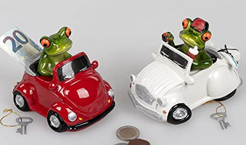 1 Formano Spardose Frosch im Auto weiß oder rot mit Schloss --- bei Farbwunsch Bitte vorher melden, sonst entscheidet der Zufall ---