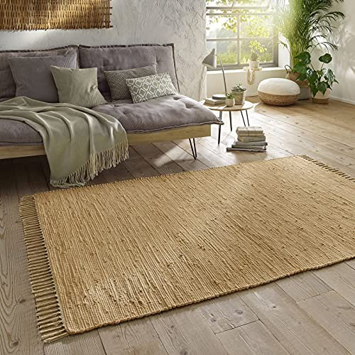 Taracarpet Handwebteppich Läufer Fleckerl Teppich Uni waschbar aus Baumwolle für Wohnzimmer und Küchenteppich 060x120 cm beige