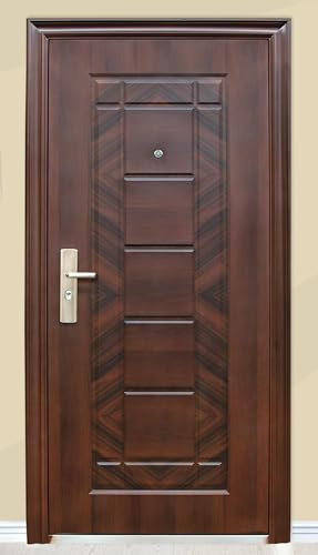 Porta Blindata Di Casa Moderna Portone Marrone Effetto Legno Con 5 Chiavi Una Maniglia In Acciaio Inox Un'anta E Uno Spioncino P13 (Apertura interna sinistra)