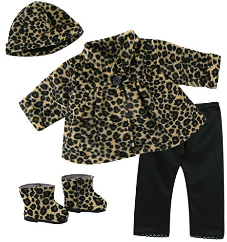 Sophia's Doll Animal Print Leopard Faux Fur Coat, Matching Hat, Black Leggings, and Leopard Boots Outfit 4 Piece Set for 18 Dolls, Tan