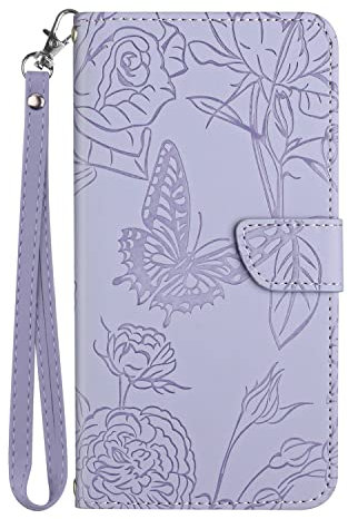 Pochette Téléphone Portable pour Vivo V21 5G/V21 4G,Coque Motif Papillon et Fleur Gaufrage,Étui Bourse Douce Cuir Pliant Antichoc Housse avec Fente Photo et Stand,Violet Clair