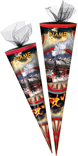 alles-meine.de GmbH Schultüte - Eisenbahn/Dampflok 50-85 cm Größe wählbar inkl. Name - Zuckertüte - Tüllabschluß - eckig/rund - Jungen - klein & groß - Geschenktüte -..