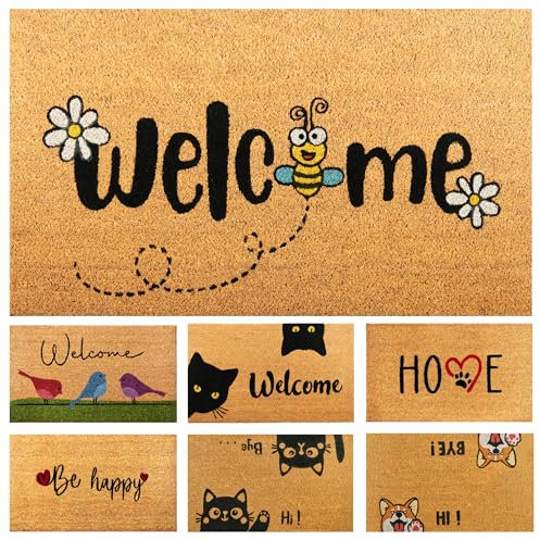 AMARU DOOR MATS Fußmatte Kokosfaser Biene - 70x40cm - Willkommens Fussmatte mit Antirutsch PVC & Kokos Oberfläche - für Hauseingänge, Flure, Außentüren, Wohnaccessoires - Schlichtes Originaldesign