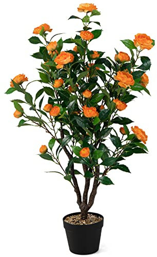 GIANTEX Arbres artificiels avec 37 camélias de 102 cm Plante florale artificielle en pot de ciment décoration intérieure et extérieure pour bureau, maison, porche