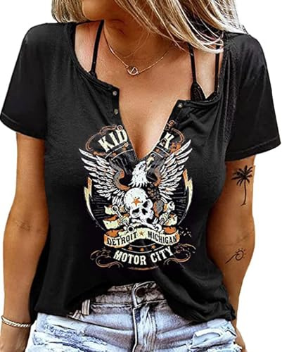 Kid Rock Skeleton Eagle Shirt for Women Vintage Rock Roll Music Shirts Concert Buddy Short Sleeve Casual T-Shirt Tops
