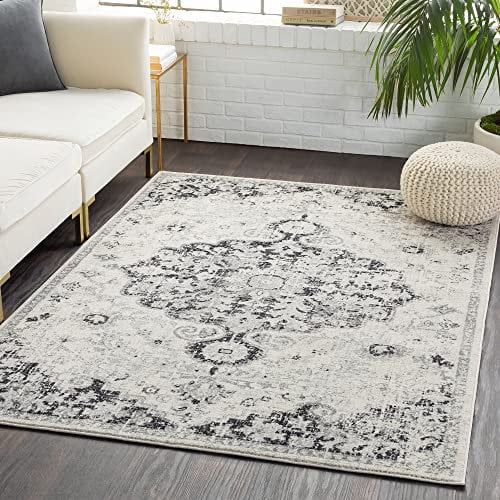 Livabliss Asmara Vintage groß - Orientalischer Wohnzimmer 200x275 cm, Esszimmer, Schlafzimmer - Boho Kurzflor für einfache Pflege - Grau, Schwarz und Weiß