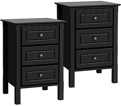 Yaheetech 2er Set Nachttisch Nachtschrank mit 3 Schubladen Boxspringbett Nachtkommode Beistelltisch Stabiler Sofatisch Konsole Schrank für Schlafzimmer/Wohnzimmer, Schwarz