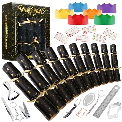KreativeKraft Christmas Crackers, 10er-Pack, Knallbonbons für Weihnachten(Schwarzes Deluxe-Set)
