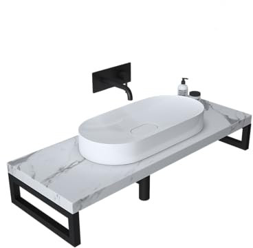 Mai & Mai Meuble sous Vasque Marbre Blanc Bois 50x140cm Plan de Travail pour Salle de Bain avec Équerres en Acier Inoxydable PL005