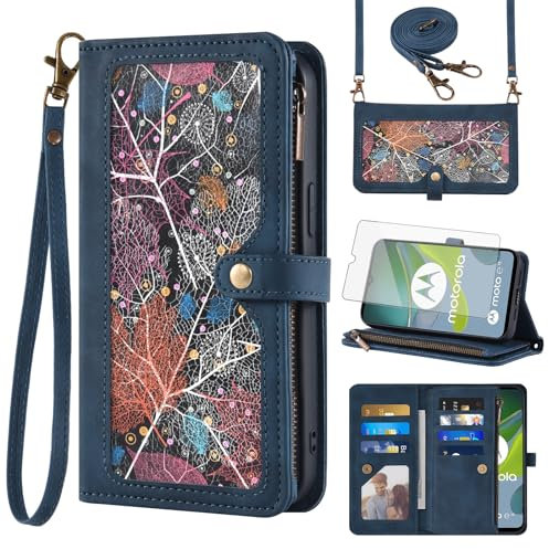 Asuwish Custodia a portafoglio per Motorola Moto E13 con pellicola protettiva e cinturino da polso a tracolla in pelle modello flip cerniera porta carte di credito supporto cellulare MotoE13 MotoE E