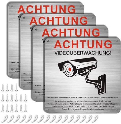 4 Stück Videoüberwachung Schild mit DSGVO Hinweis, 15x15cm Aluminium Schilder Kameraüberwachung, Achtung Videoüberwachung für Privatgrundstück mit Selbstklebend und 4 Bohrlöcher (15 x 15 cm, 4 Stk)