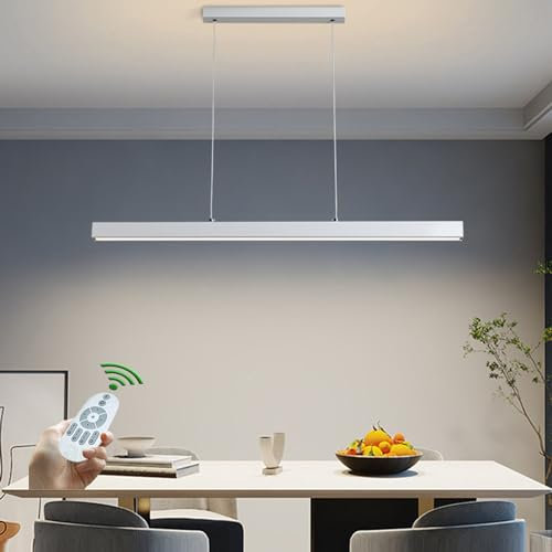 Hängelampe Esstisch Esszimmerlampe Weiß LED Pendelleuchte mit Holz Dimmbar Esstischlampe Küchelampe Hängend Lampe Modern Vintage Linear Design Deckenlampe mit Fernbedienung Büro Couchtisch Deko L100cm