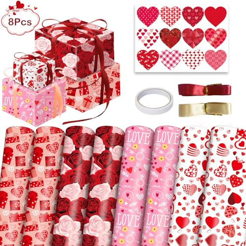 Shinybox Valentinstag Geschenkpapier, 8 Blätter Liebe Herzen Geschenkpapier Verpakungspapier mit 2 Bänder und 1 Blatt Liebe Aufkleber, Herzen für Valentinstag, Hochzeit 75x51cm