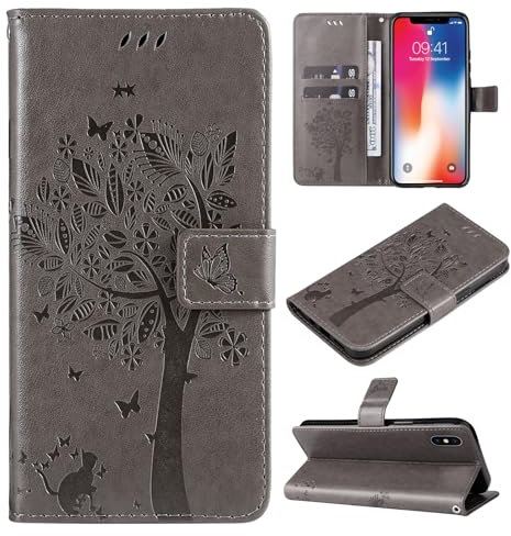 VEEMOS Handyhülle für Apple iPhone X/iPhone XS Hülle Klappbar Katze-Baum mit Kartenfach Klapphülle Schutzhülle Handy Tasche Leder Book Flip Case Cover Handytasche Damen - Grau