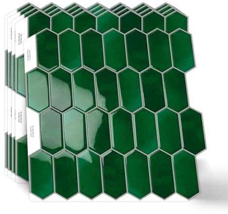 Lange Sechseck Fliesenaufkleber,10 Blätter 3D Selbstklebende Fliesen Klebefliesen 30.5x30.5cm für Küche Badezimmer Wandfliesen(Smaragdgrün)