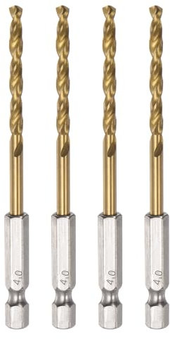 sourcing map 4pcs 1/4 Hex Shank Drill Bits 4mm Titanium Drill Bits Set M35 High Speed Steel Twist Drill Bit 94mm Long Fully Ground for Wood, Stainless Steel, Metal, Plastic Plastic