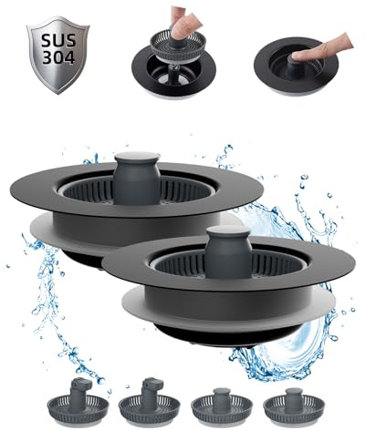 Hibbent 2 Pack Upgraded 3 in 1 Kitchen Sink Drain Strainer and Stopper Combo, Stainless Steel Metal Pop Up Sink Stopper, 6 Anti-Clogging Basket Strainer for US Standard 3-1/2 Inch Drain, Black