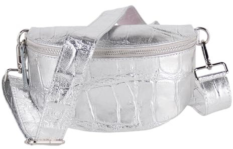 MIRROSI® Bauchtasche Damen, Made in Italy, Echtleder Umhängetasche Echtes Leder, Brusttasche, Crossbody Bag aus Echtem Leder, in 3 Größen erhältlich (Silber Silberner Reißverschluss) (Gr.L)