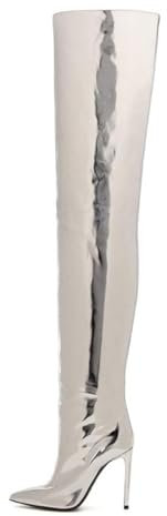 LiChA Stivali sopra Il Ginocchio da Donna Stivali Coscia in Pelle Verniciata Argento Stivali Alti a Spillo a Punta Adatti per Matrimoni, Feste, Viaggi Casual
