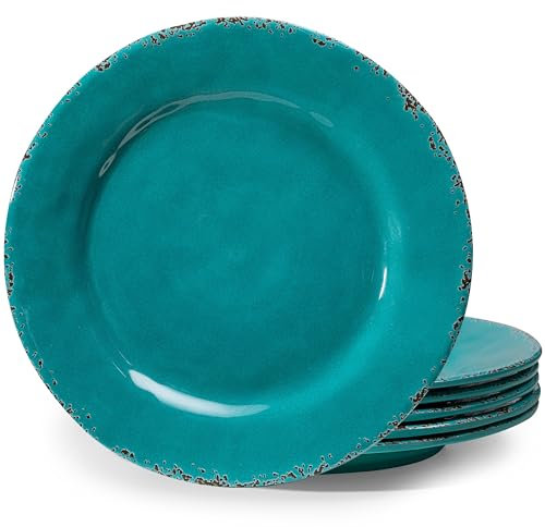 ZAROCRUS Dinner Plates, 6 Piece Vintage Melamine dinnerware Set, 11-inch Melamine Salad/Dessert Plates, Set of 6, Outdoor Pasta Plates or Shallow Bowl for Patio and Everyday Use, Teal…