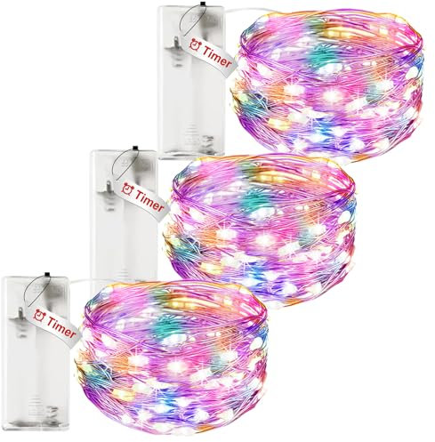 litogo 3 Stück LED Lichterkette Batterie mit Timer, 3M 30 LED Kupferdraht Lichterkette Innen, lichterketten batteriebetrieben (AA Batterie) für Party Weihnachten Halloween Hochzeit Deko, Mehrfarbig