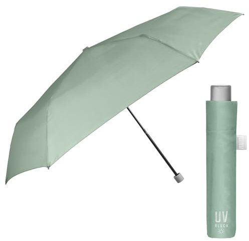 PERLETTI Paraguas para el Sol Plegable Extra Compacto - Paraguas con Filtro Solar Mujer Hombre Antiviento Pequeño - Sombrilla Anti UV y Lluvia Súper Slim Manual de Viaje - Diámetro 91 cm (Verde)
