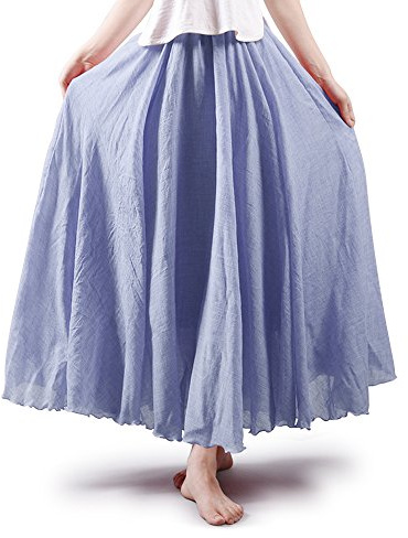 Aeslech Women's Bohemian Elastic Waist A Line Long Maxi Cotton Linen Skirt, Ink Blue, 5T