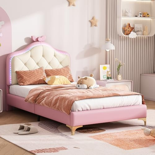 LATICO Polsterbett Kinderbett 90x200 cm Einzelbett, LED-Kopfteil mit Rosa Schleife, Kinderbett Jugendbett Bettgestell mit Lattenrost, Flachbett Rückenlehne Bett, Ohne Matratze, PU Rosa+Weiß