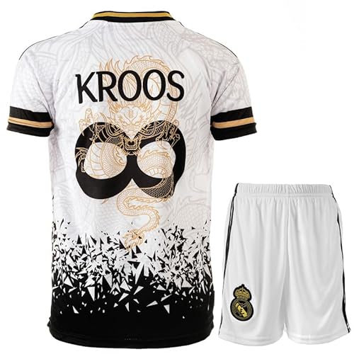 PraiseLight R. Madrid Kroos 8 Unendlichkeit für Immer Abschied Retro Weißer Drache Limitierte Sonderedition Kinder Trikot mit Kurz, Fußball Set Jugendgrößen (Weiß/Gold, 128 (4-5 Jahre))