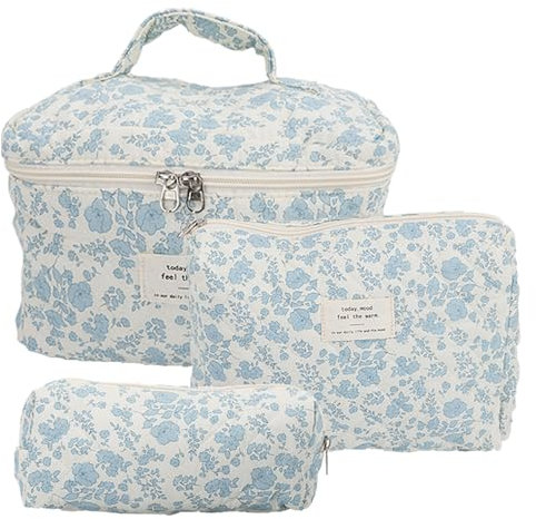 Lot de 3 Trousse de Toilette Matelassée Femme, Grande Capacité Cosmétique de Voyage, Trousse Maquillage Fleurie pour Les Voyages, Les Pique-Niques (A)