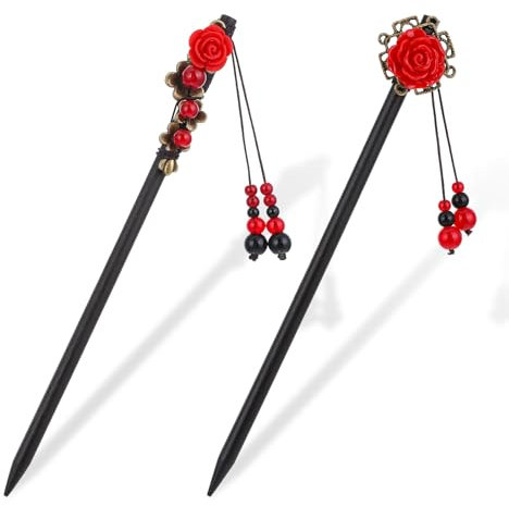 Lot de 2 épingles à cheveux en bois vintage chinoises - Barrettes à cheveux en bois - Accessoires vintage à fleurs - Pour femmes et filles