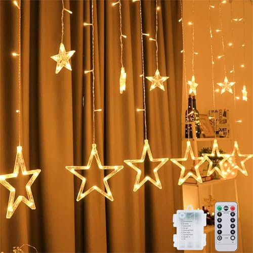 LED Curtain Lights, 12 Stars 138 LED Curtain String Lights Memory Window Curtain Lights with 8 Flashing Modes Decoration for Christmas, Ramadan, Wedding, Party, Wall, Home Decorations (Warm White)