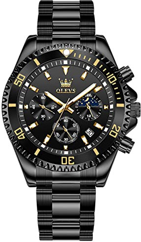 OLEVS Schwarz Uhren Herren Großgesicht Chronograph Multifunctional Wasserdicht Quarz Uhren für Männer Eleganz Edelstahlband Geschäft Schwarz Herrenuhren Beleuchtet Analog Datum Schlichtem Herren Uhr