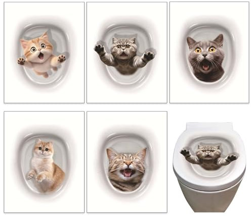 Eowppue Stickers WC Fantaisie – Ensemble de 5 Stickers Toilettes en PVC avec des Chats Mignons, Idéal pour la Décoration Salle de Bain et WC