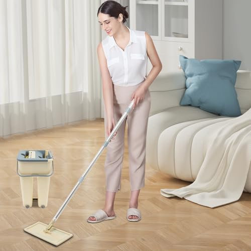 JDBDU Juego de fregona con cubo, 128 cm, 360°, mopa plana con mango de acero inoxidable y 10 cabezales, cubo de limpieza con fregona y 2 depósitos, limpiador de suelo con función de escurridor