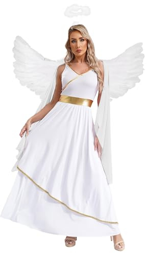 FEESHOW Damen Engel Kleid Kostüm Mit Flügel Heiligenschein Haarreif Set Erwachsene Kostüm Für Fasching Halloween Cosplay Party