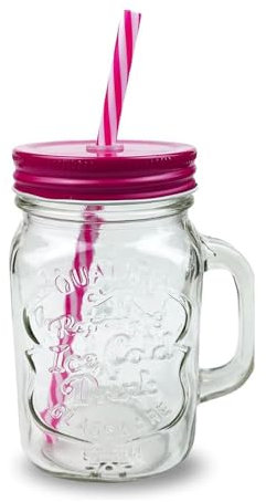 G4GADGET 1x Mason Jar with Handle - Pink (500ml) | Glass Drinking Cup with Lid & Straw | Perfect for Smoothies, Juices & Cold Beverages