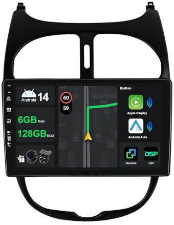 9 [6G+128G] Android 14 Radio Coche para Peugeot 206 2002-2010 con Carplay|Android Auto|DSP|Mirror Link-GPS Navi Navegador Radio con Bluetooth 5.0/WiFi/4G/FM/360 AHD Cámara