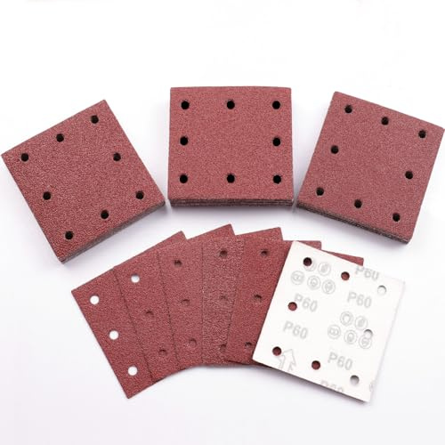 Sruhrak 110x115 mm Sandpaper Square Sanding Pads 50 Pcs 60 Grits Set | 1/4 Sanding Sheets Set for Electric Sander, Sander Paper Used for Sanding and Polishing Metal, Wood and Steel