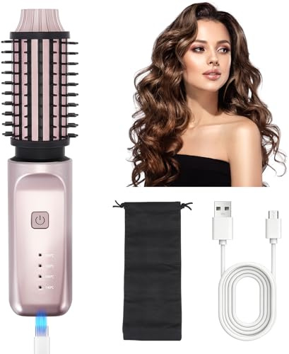Cordless Curling Brush,3-in-1 Wireless Hair Curler Straightening Brushes,Portable USB Rechargeable Curling Iron,140℃-200℃,Travel Hot Brush for Curly/Straight/Volumising Styles