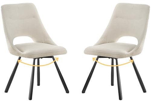 ANVOFONG Lot de 2 Chaises Pivotantes Salle à Manger, Pivotant 180°, Chaises Pivotant, Tissu Coton Cachemire avec Pieds Métal Noir pour Salle à Manger, Cuisine, Beige